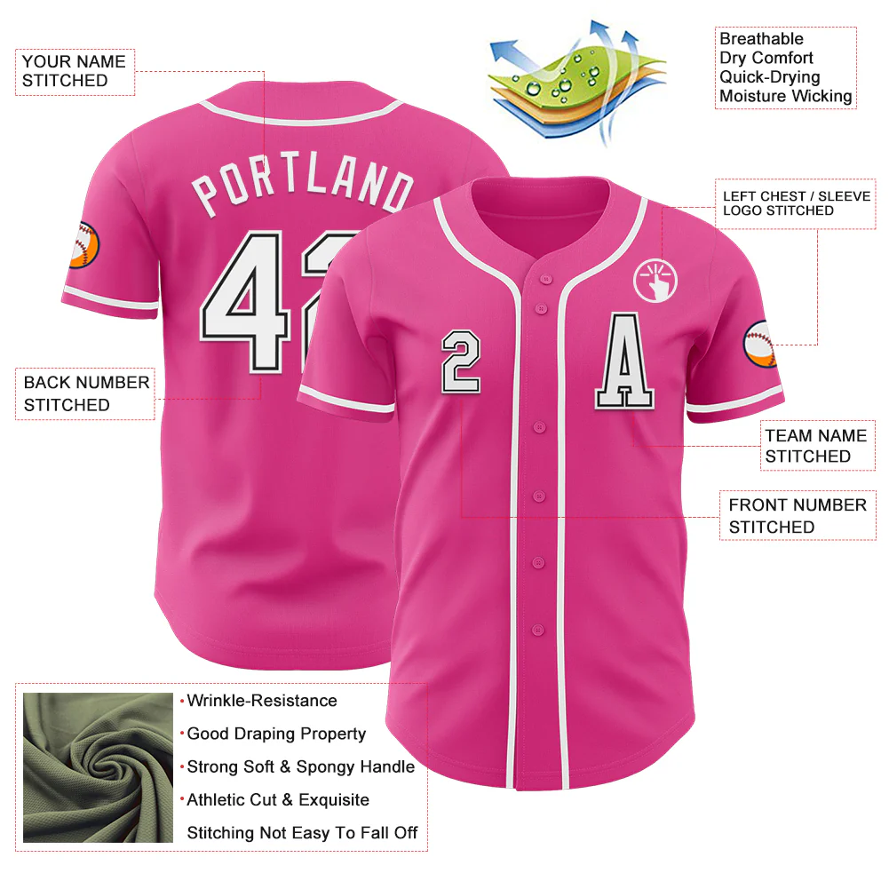 Custom Pink White-Black Authentic Baseball Jersey