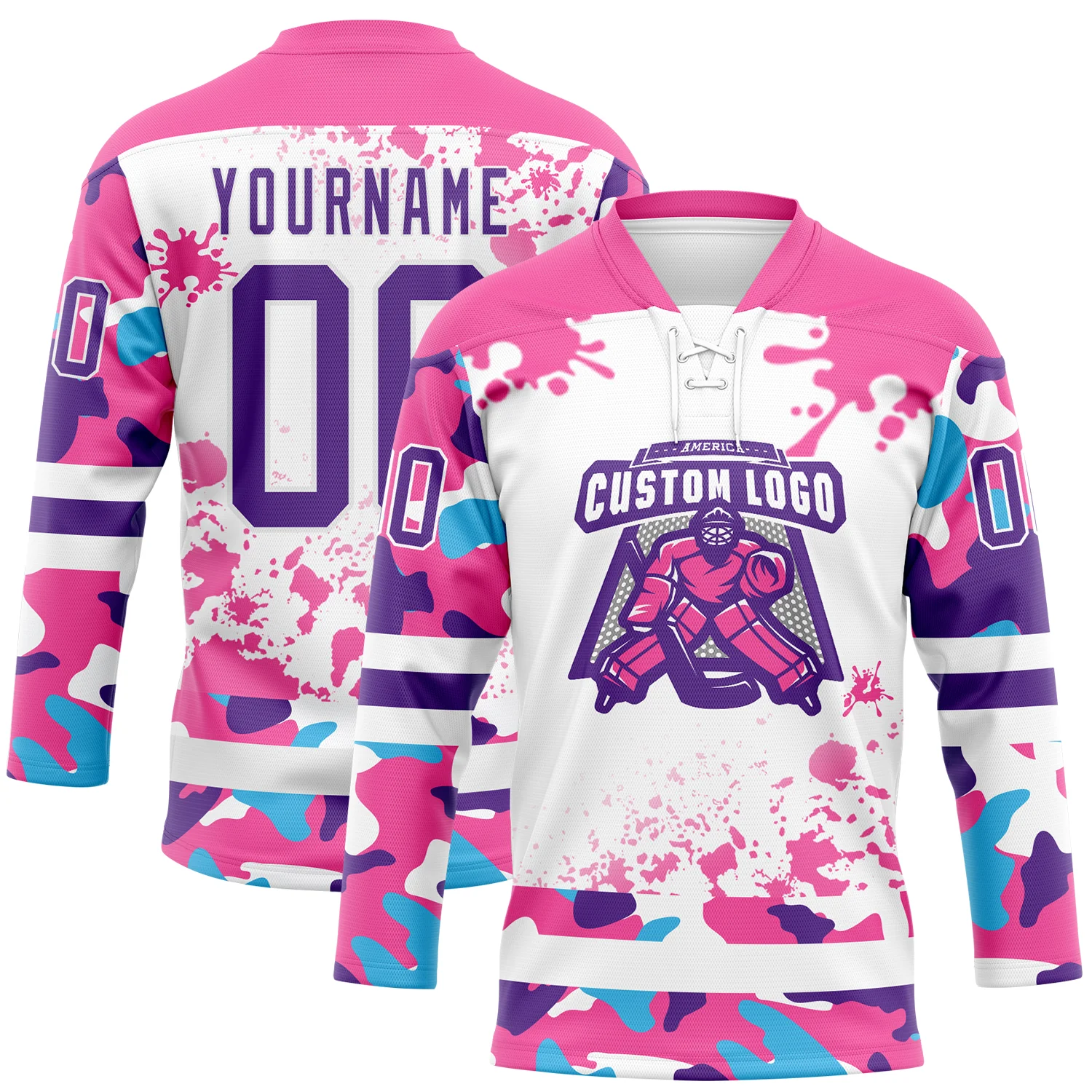 Custom Camo Purple Pink-White Splash Hockey Lace Neck Jersey