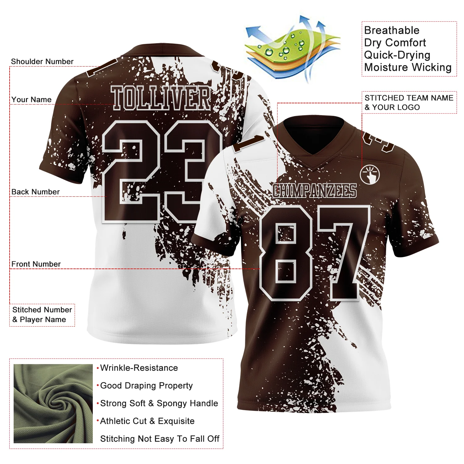 Custom Brown White 3D Pattern Abstract Brush Stroke Authentic Football Jersey