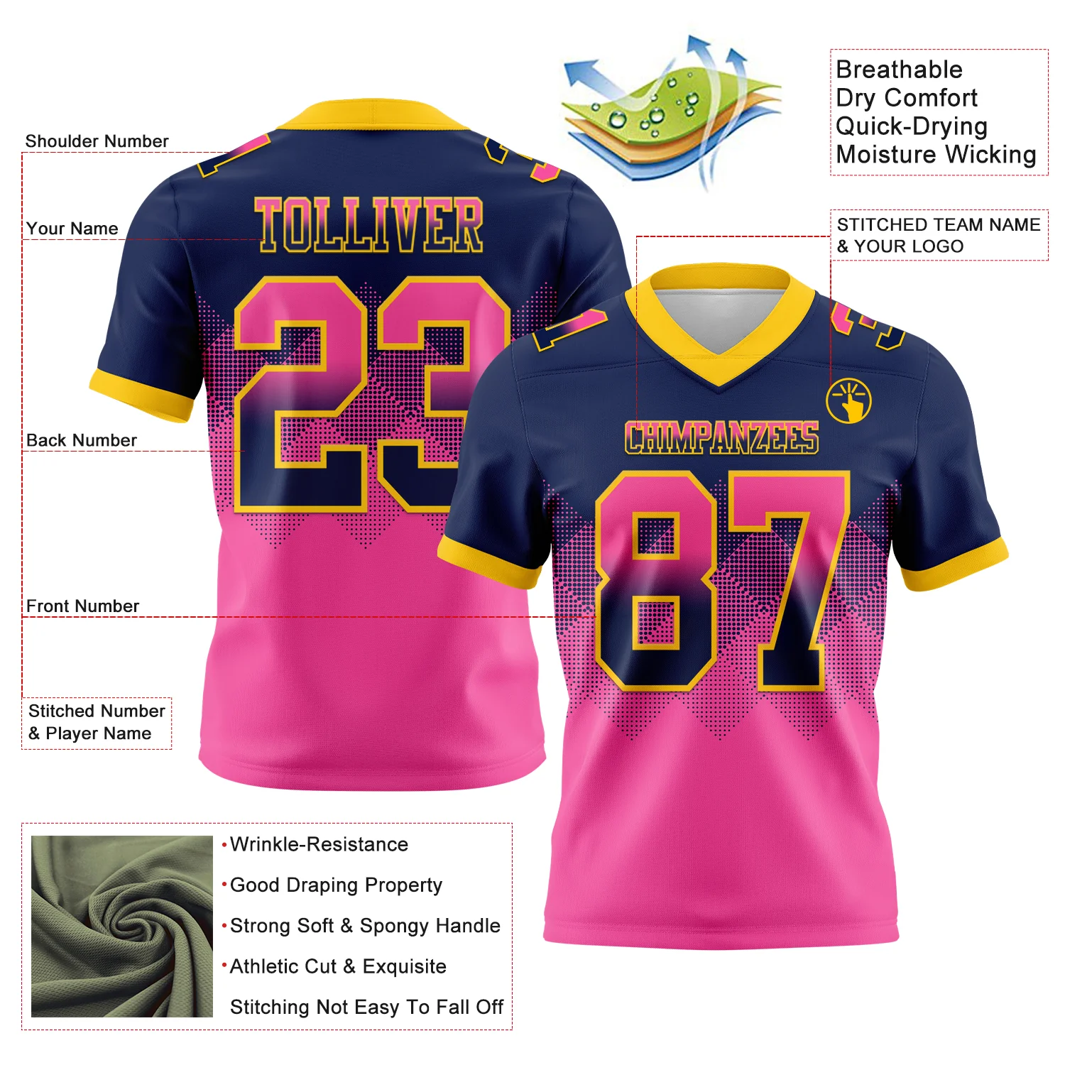 Custom Navy Pink-Yellow Authentic Gradient Square Shape Flag Football Jersey