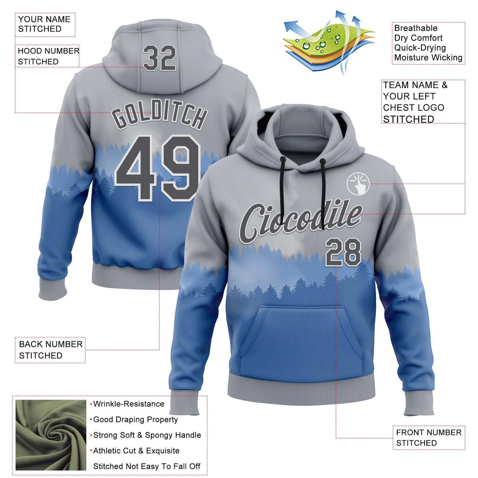 Custom Stitched Gray Steel Gray Blue-White 3D Pattern Design Natural Scenery Sportswear Pullover Sweatshirt Hoodie