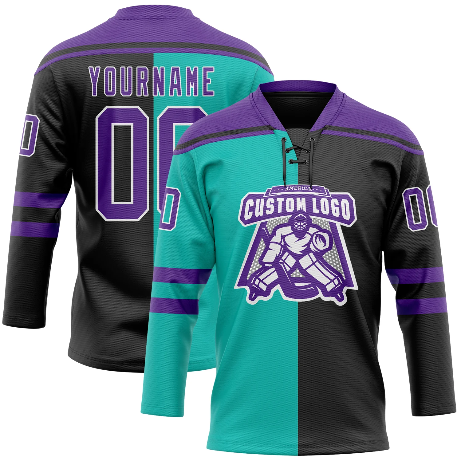 Custom Black Purple Aqua-White Split Fashion Hockey Lace Neck Jersey