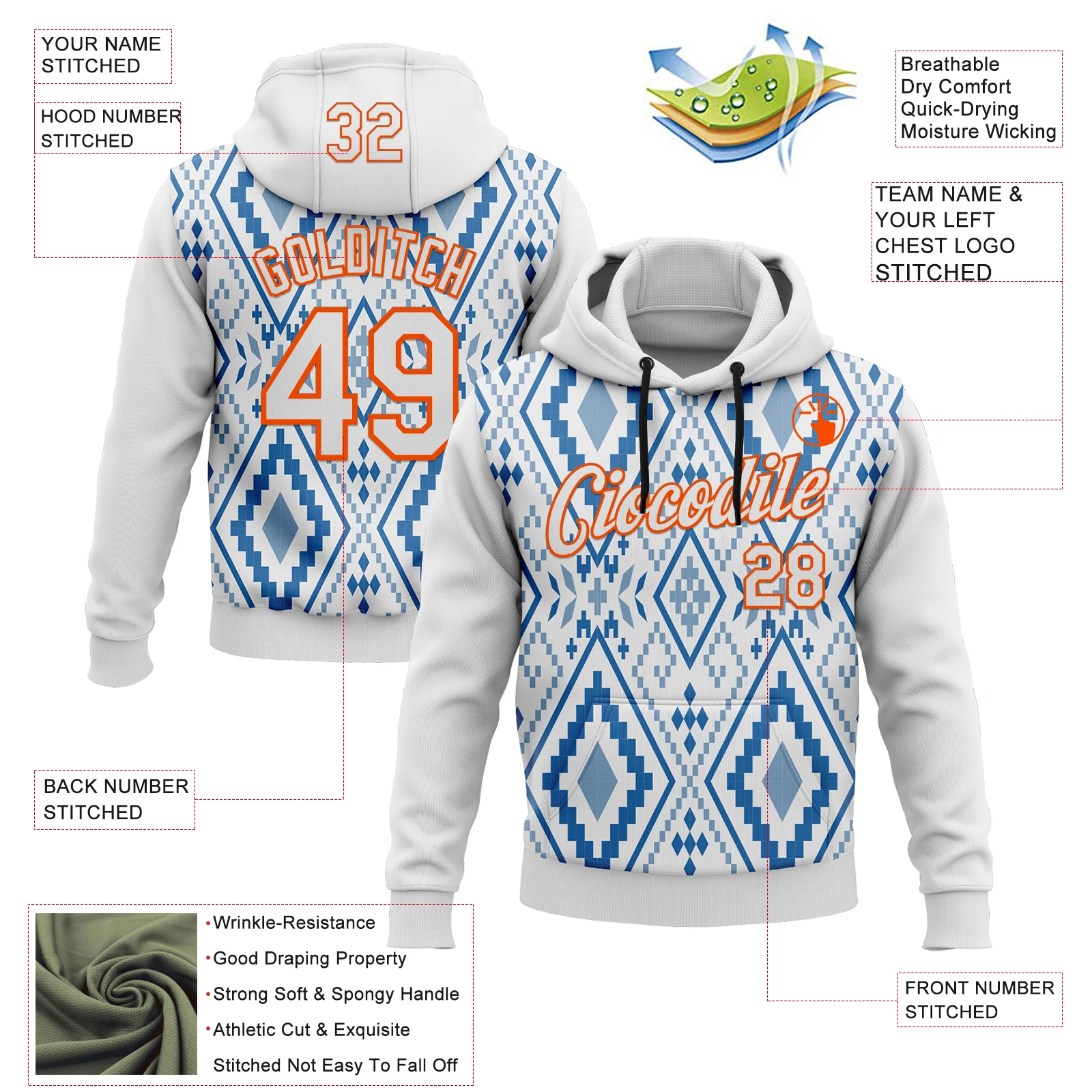 Custom Stitched White Blue-Orange 3D Mexico Aztec Pattern Sports Pullover Sweatshirt Hoodie