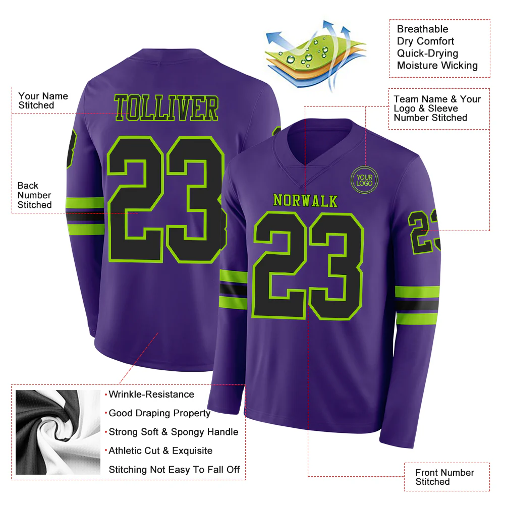 Custom Purple Black-Neon Green Long Sleeve Authentic Football Jersey