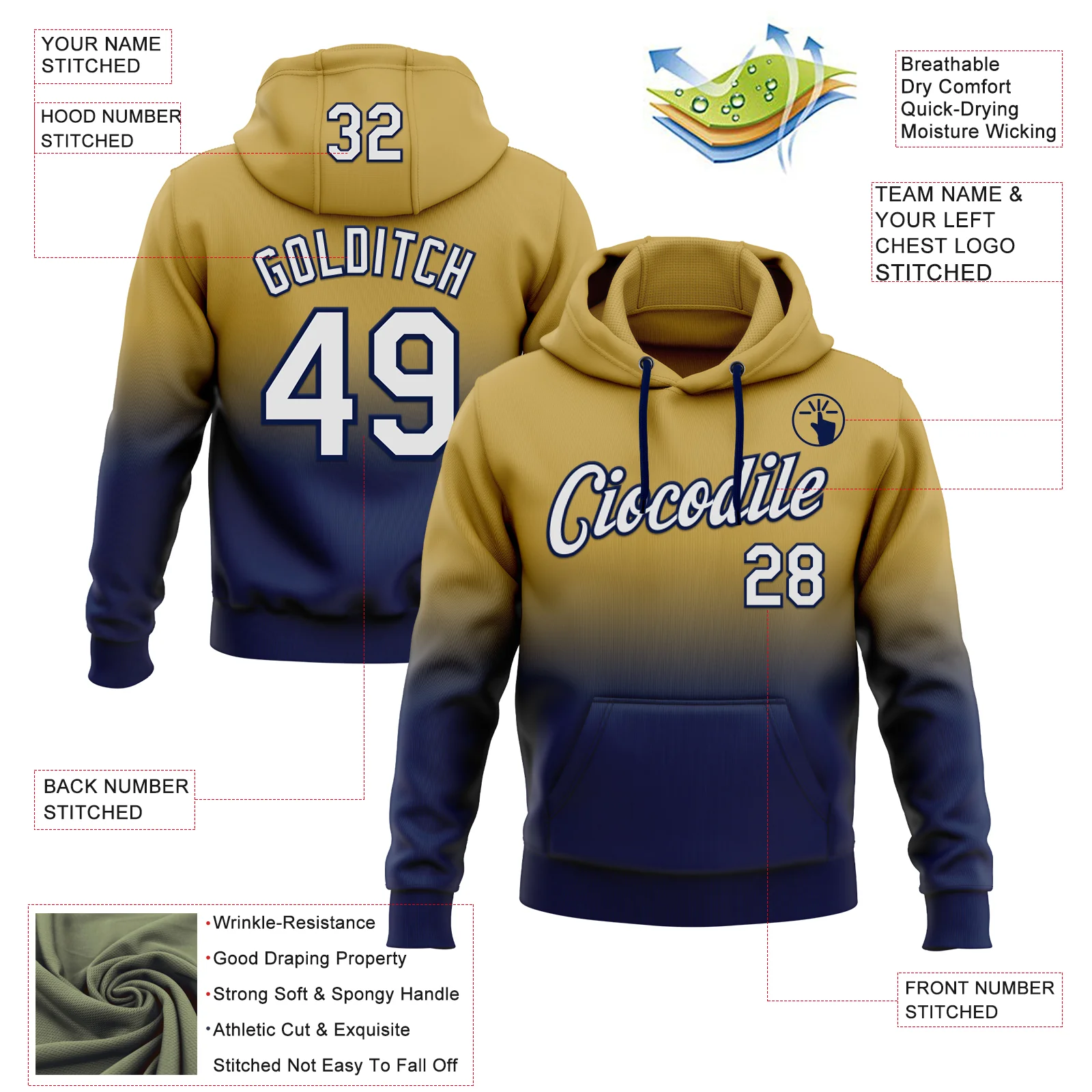 Custom Stitched Old Gold White-Navy Fade Fashion Sports Pullover Sweatshirt Hoodie