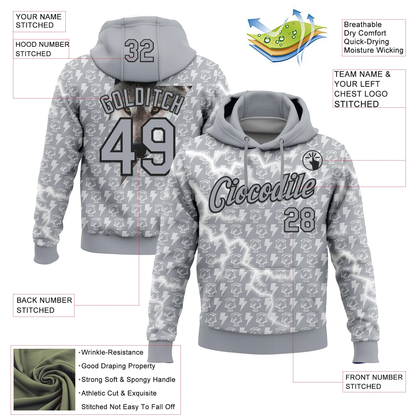 Custom Stitched Gray White-Black 3D Pattern Design Lightning Sports Pullover Sweatshirt Hoodie