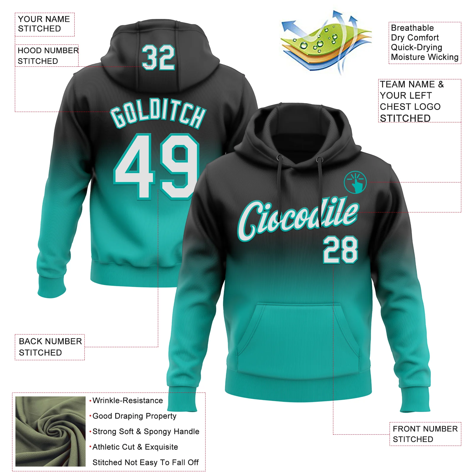 Custom Stitched Black White-Aqua Fade Fashion Sports Pullover Sweatshirt Hoodie