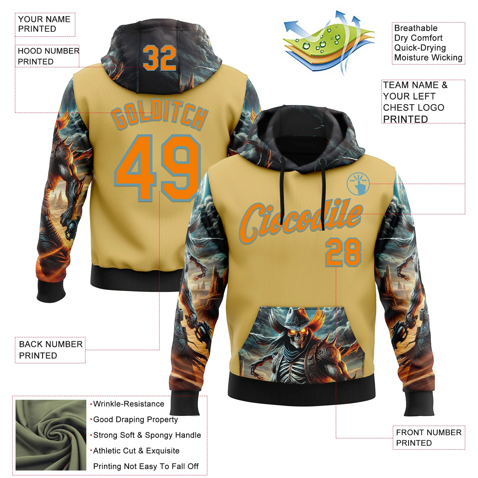 Custom Yellow Bay Orange-Shadow Blue 3D Skull Sports Pullover Sweatshirt Hoodie