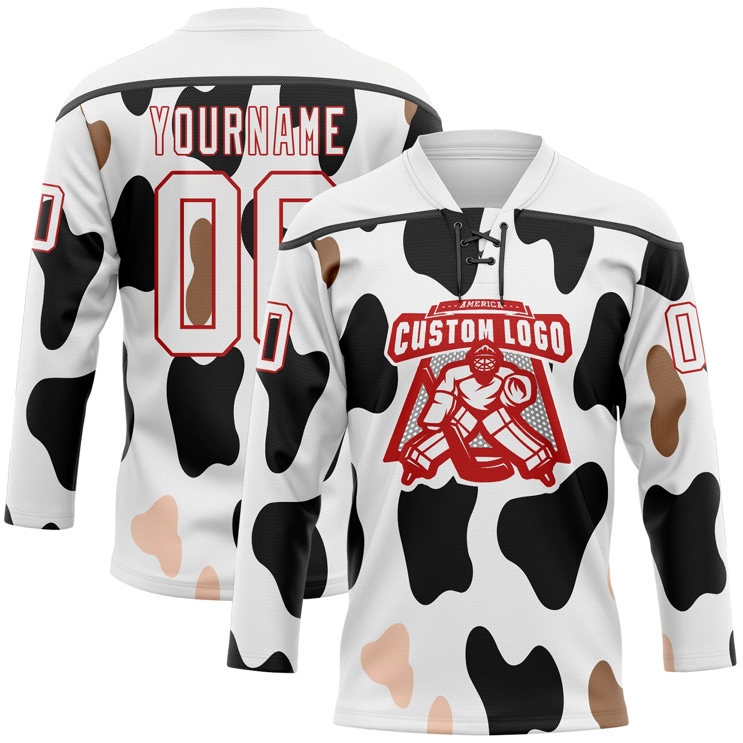 Custom White Black-Red 3D Pattern Cow Print Neon Hockey Lace Neck Jersey
