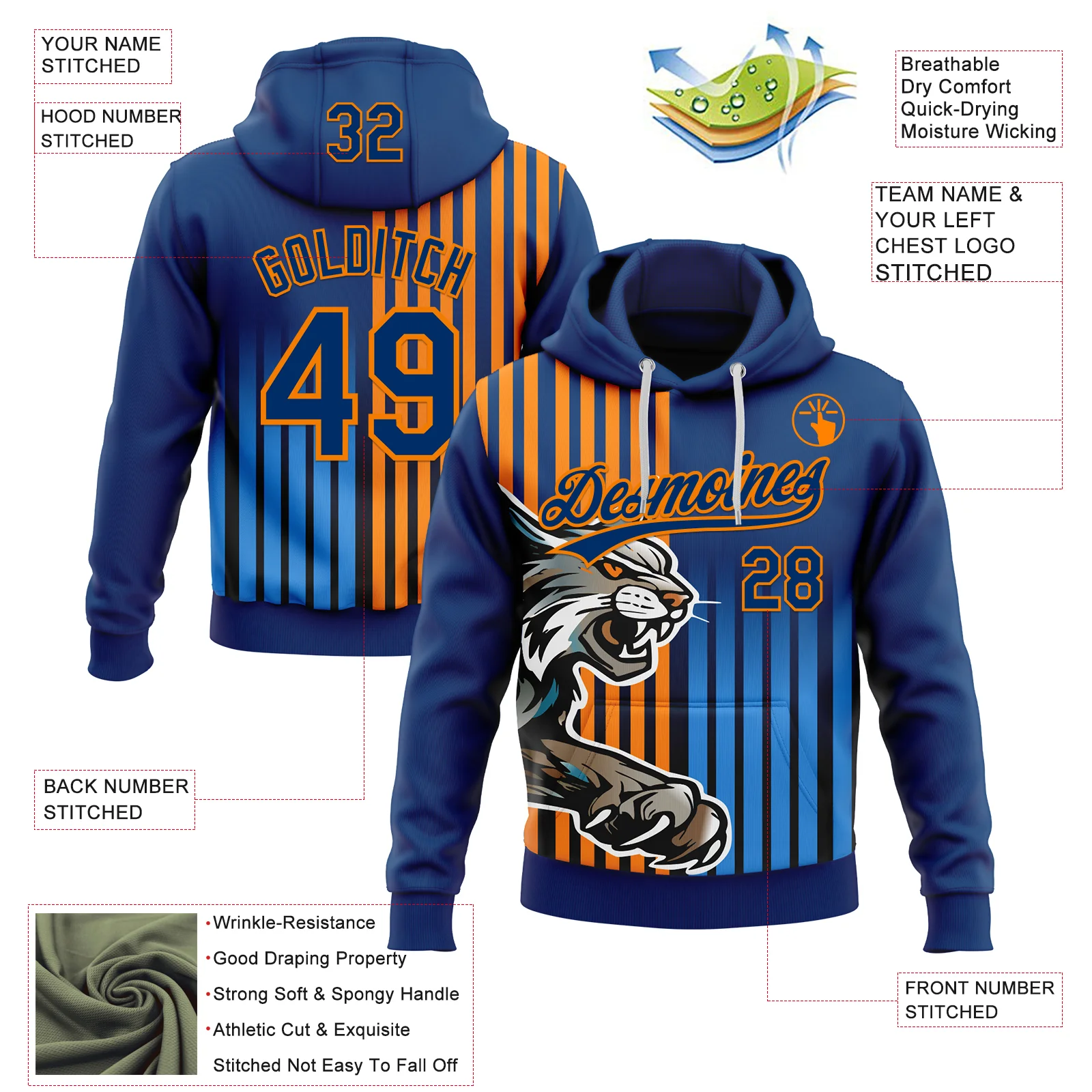 Custom Stitched Powder Blue US Navy Blue-Bay Orange 3D Pattern Design Leopardo Sports Pullover Sweatshirt Hoodie