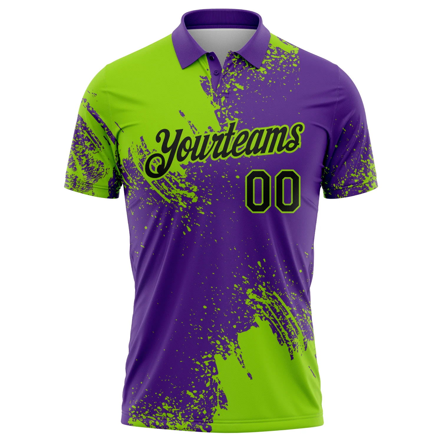Custom Neon Green Black-Purple 3D Pattern Design Abstract Brush Stroke Performance Polo Shirt