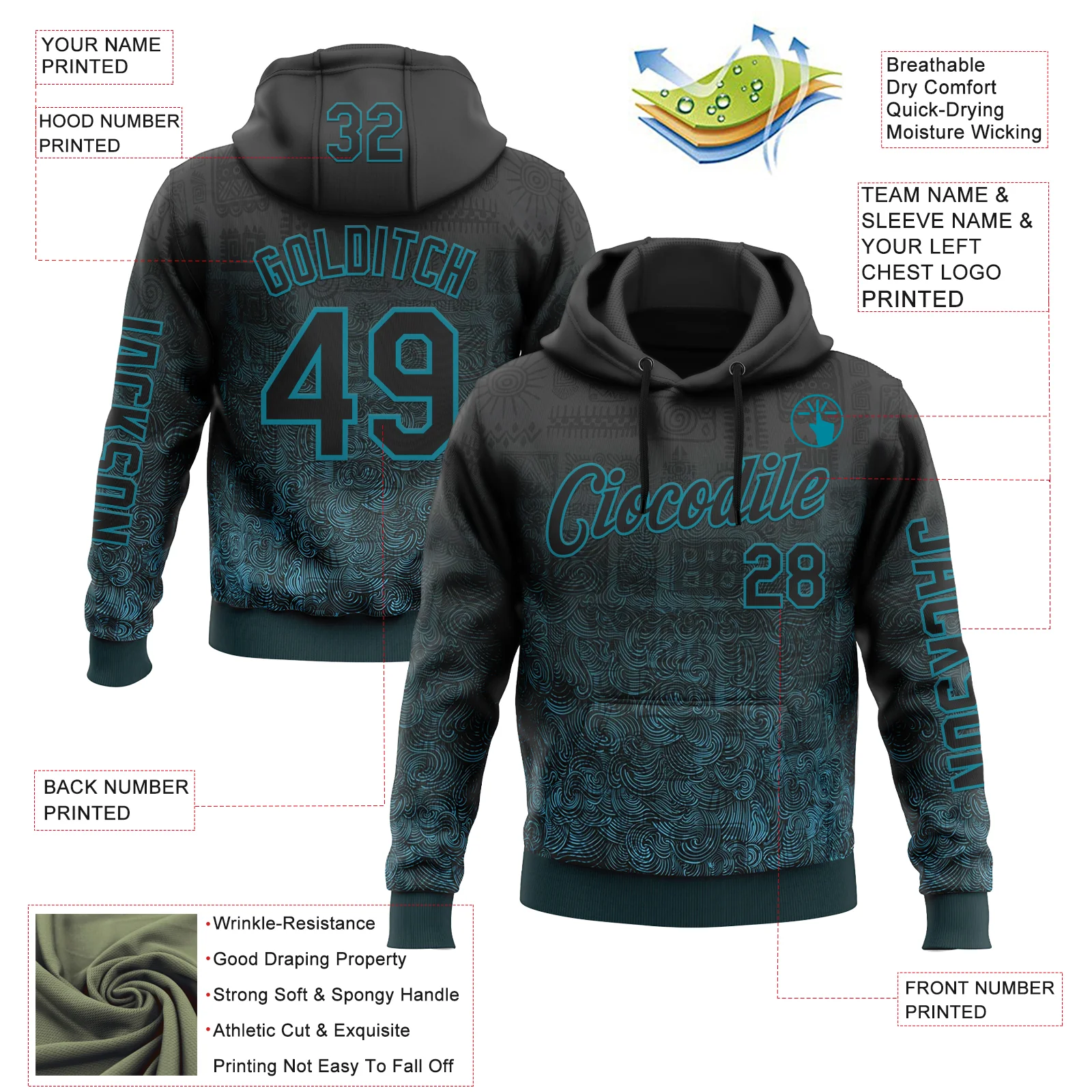 Custom Black Teal 3D Pattern Design Ethnic Tribal Sportswear Pullover Sweatshirt Hoodie