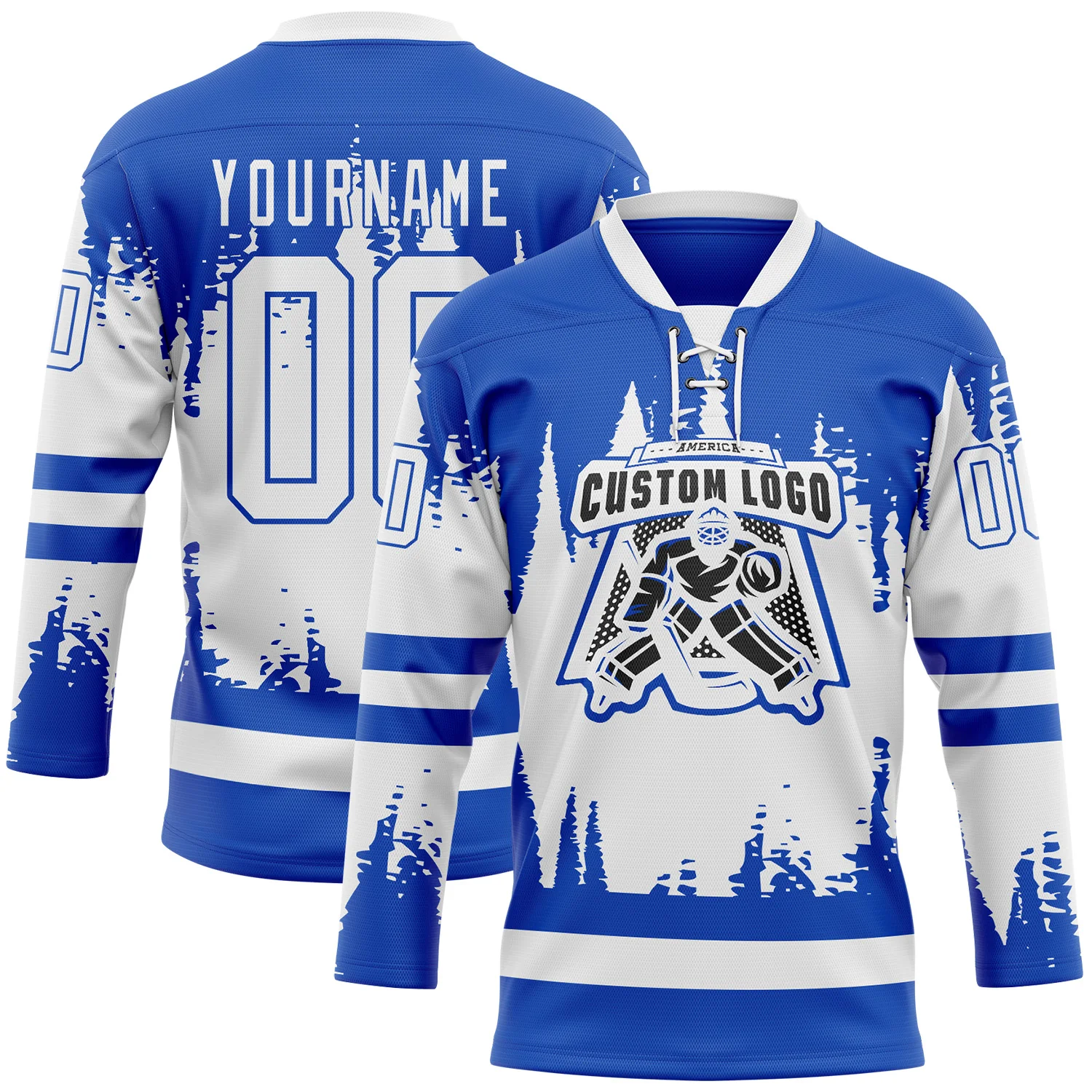 Custom Thunder Blue White 3D Pattern Abstract Splatter Paint Hockey Lace Neck Jersey