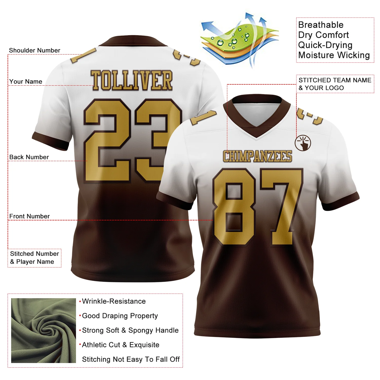 Custom White Old Gold-Brown Authentic Fade Fashion Football Jersey