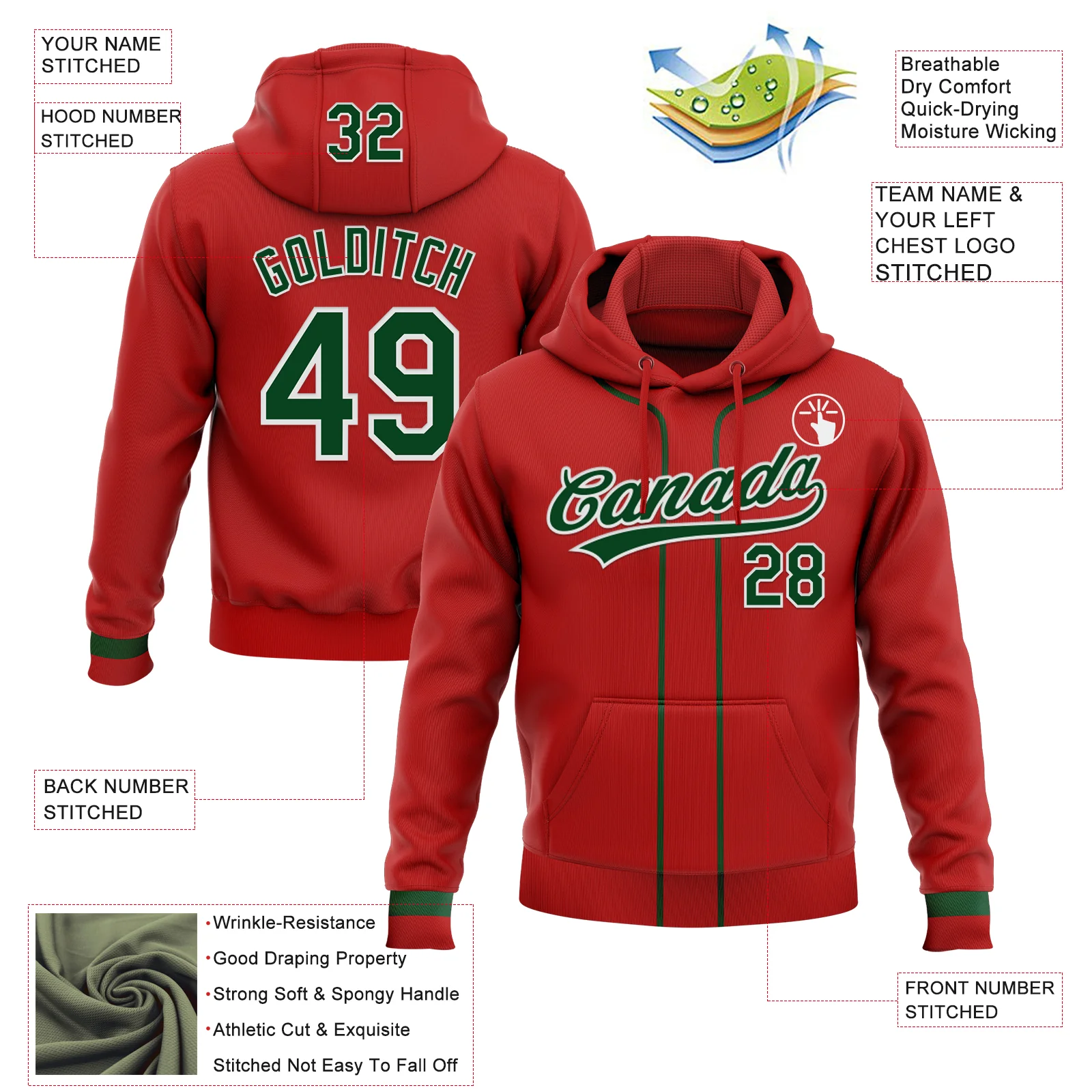 Custom Stitched Red Green-White Baseball Pullover Sweatshirt Hoodie