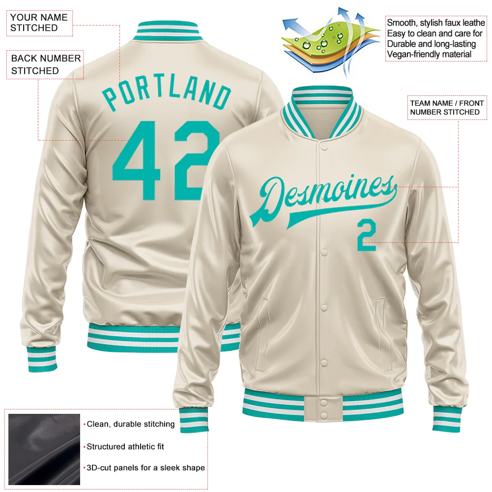 Custom Cream Aqua Bomber Full-Snap Varsity Faux Leather Letterman Jacket