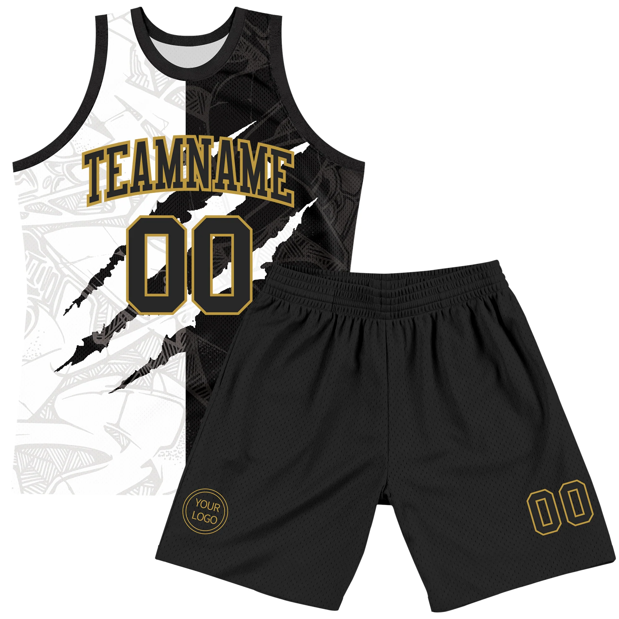 Custom Graffiti Pattern Black Old Gold-White Scratch Round Neck Sublimation Basketball Suit Jersey