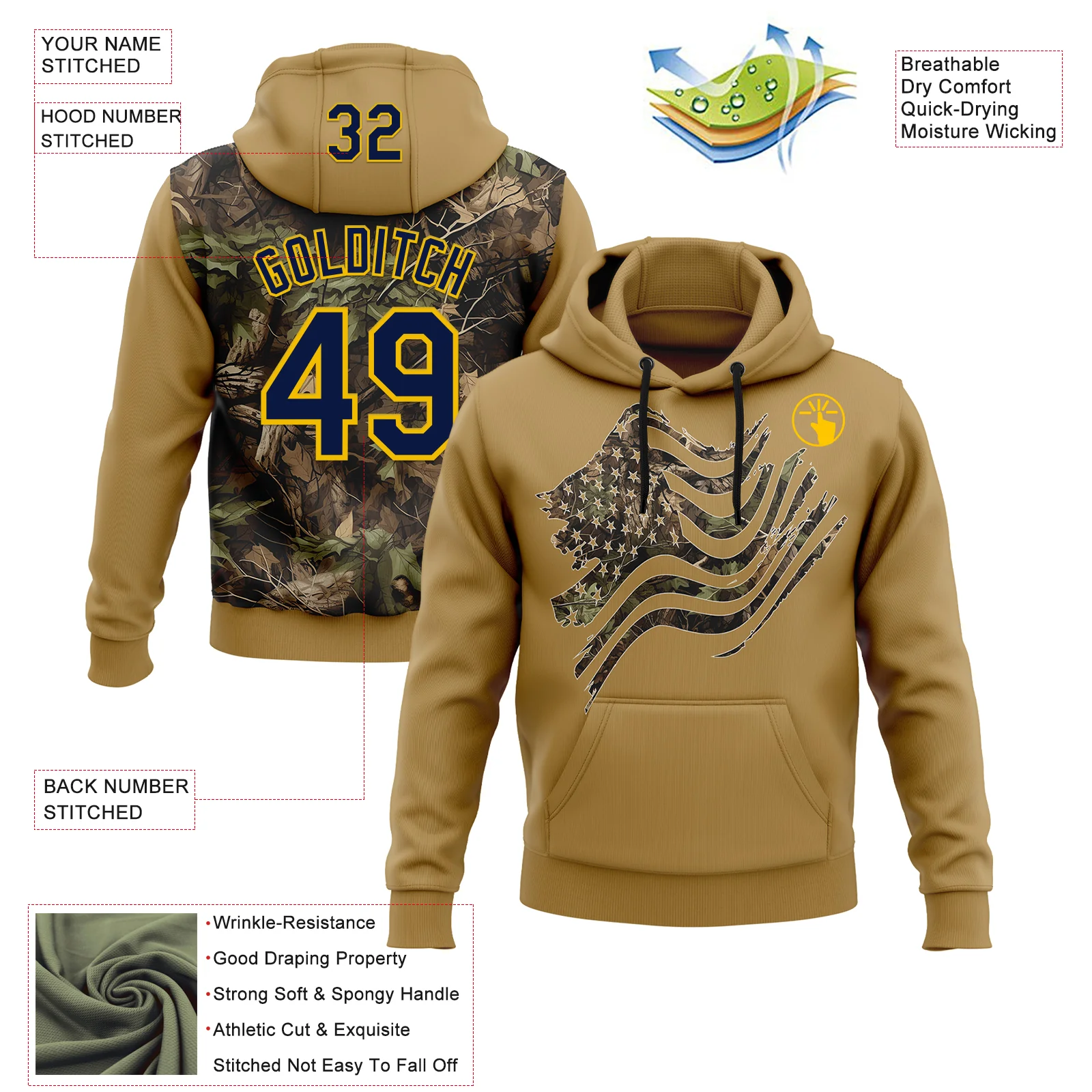 Custom Stitched Old Gold Navy-Yellow 3D Pattern Design Tree Camo American Flag Hunting Sports Pullover Sweatshirt Hoodie