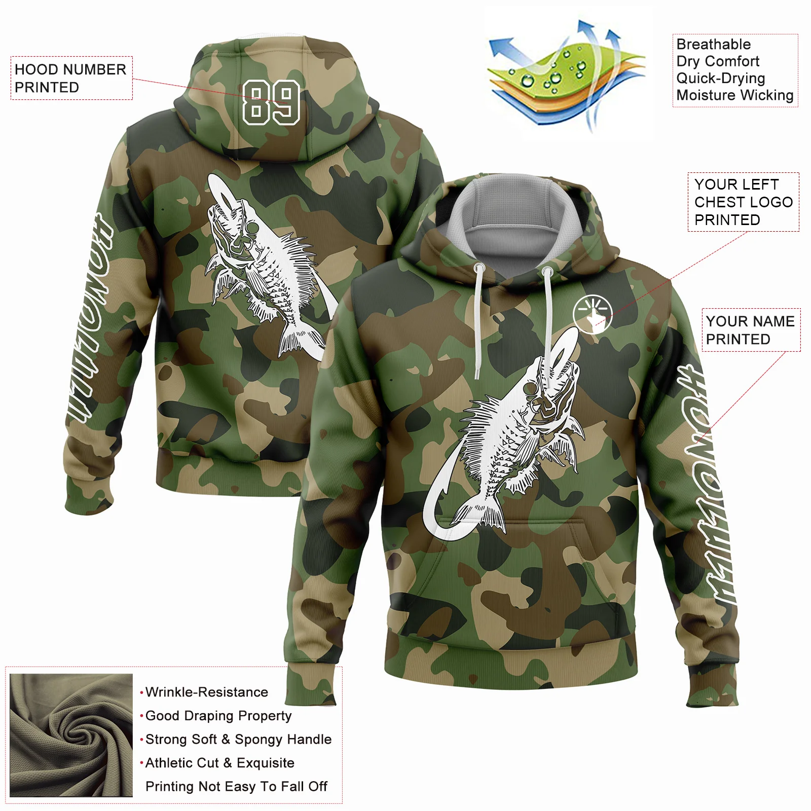 Custom Camo Olive-White 3D Fish Hook Skull Fishing Sports Pullover Sweatshirt Salute To Service Hoodie