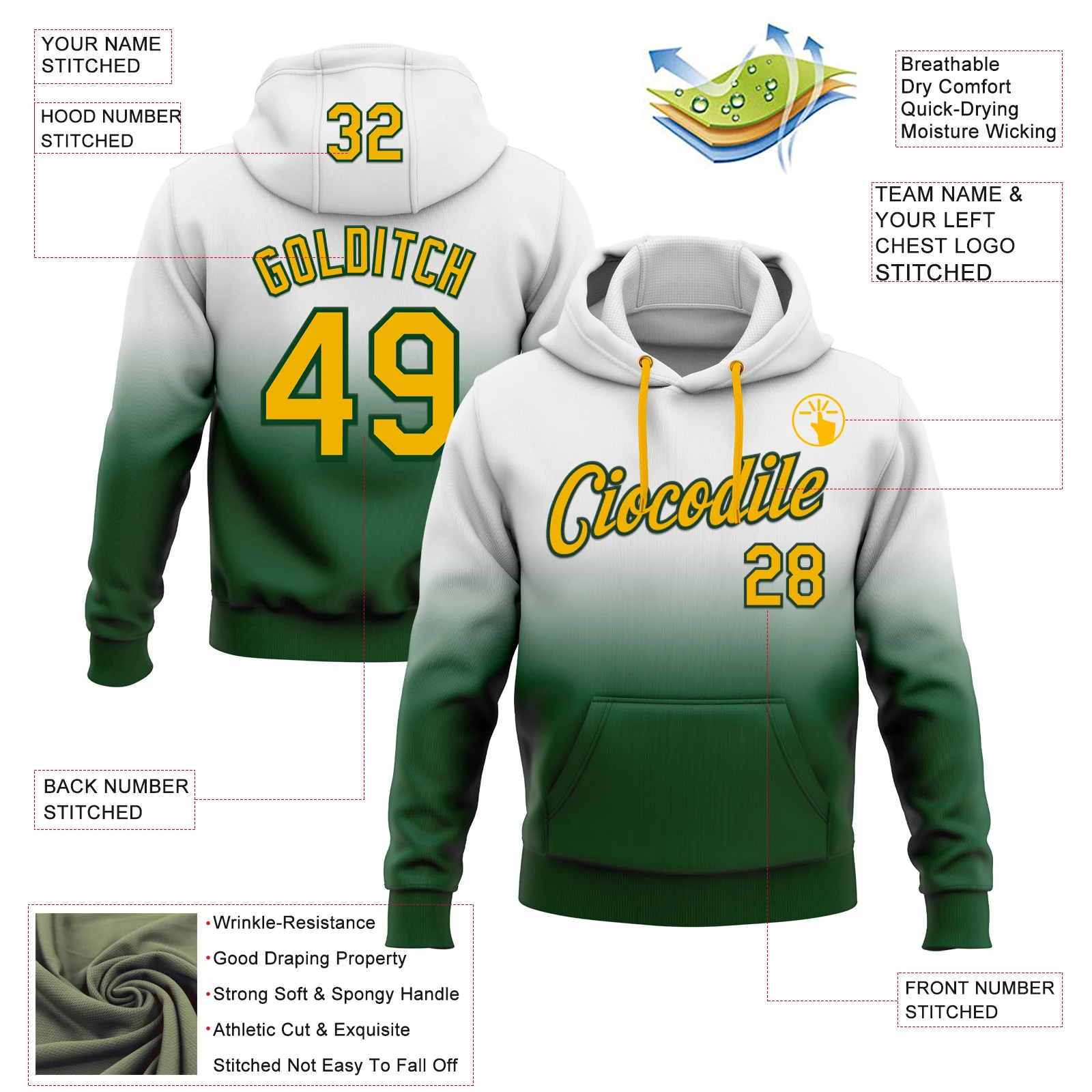 Custom Stitched White Gold-Green Fade Fashion Sports Pullover Sweatshirt Hoodie