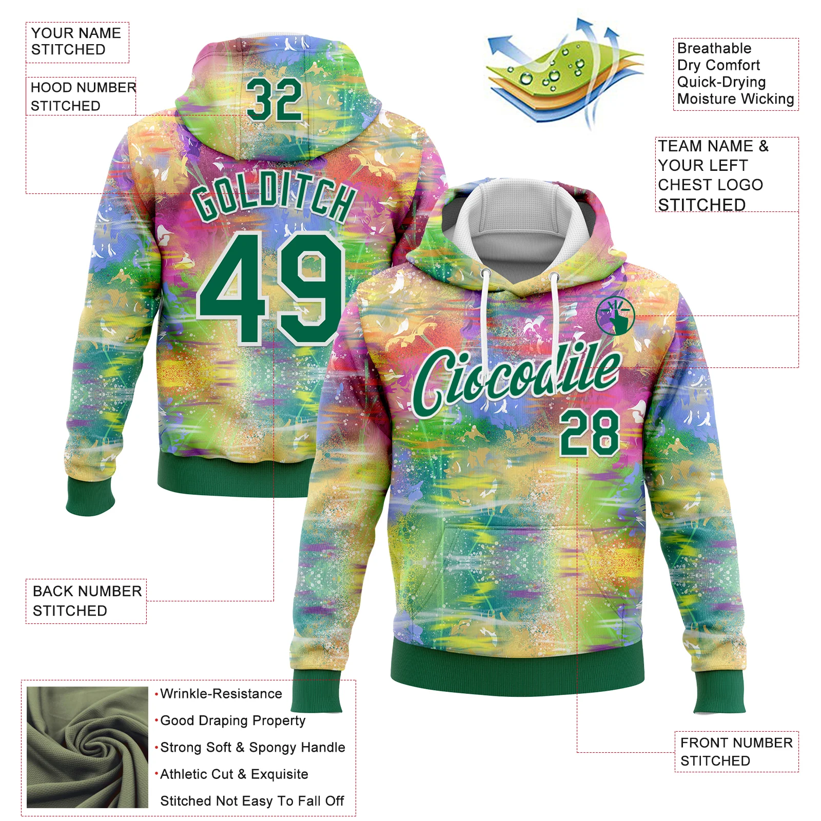Custom Stitched Graffiti Pattern Kelly Green-White 3D Watercolor Grunge Art Sports Pullover Sweatshirt Hoodie