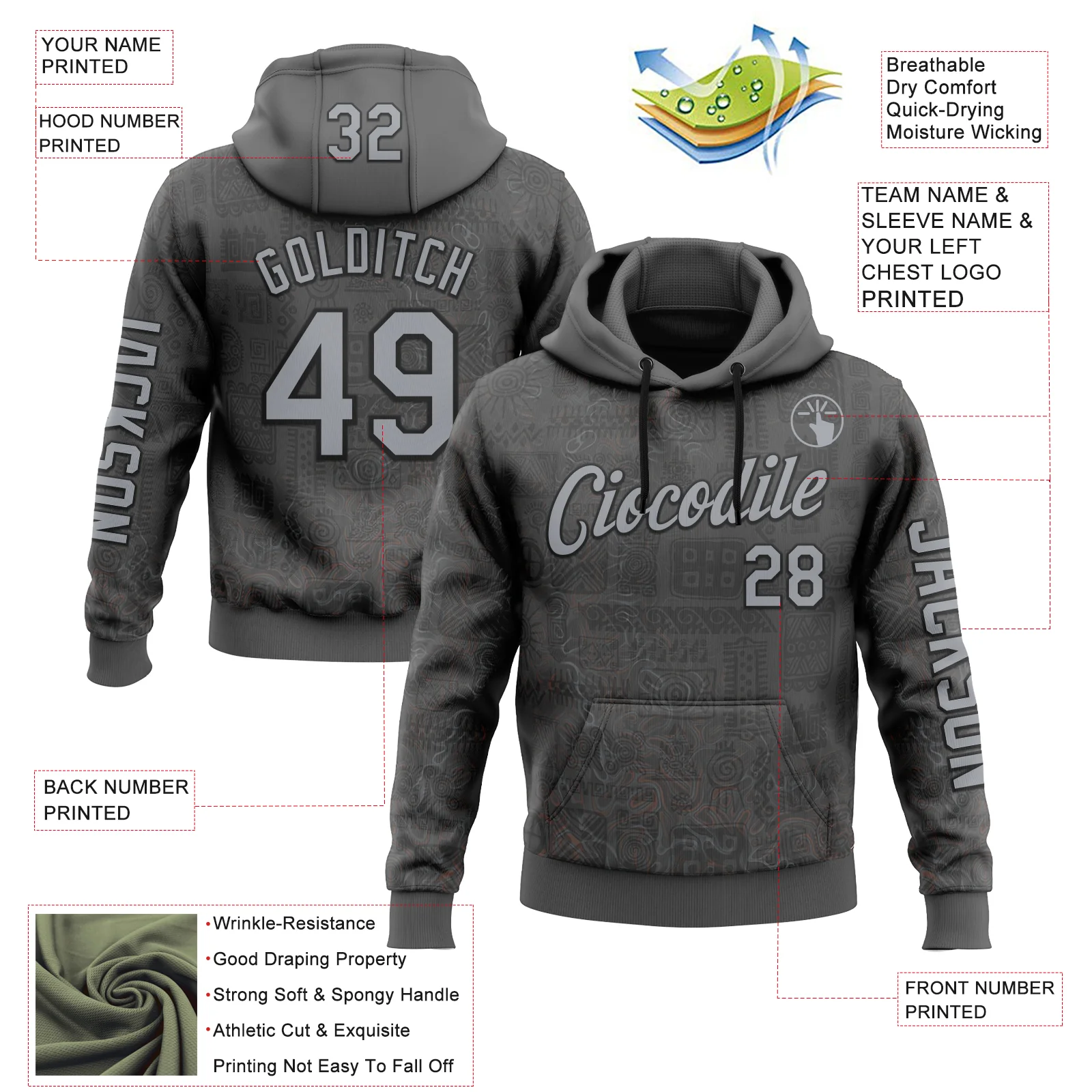 Custom Gray Black 3D Pattern Design Ethnic Tribal Sportswear Pullover Sweatshirt Hoodie