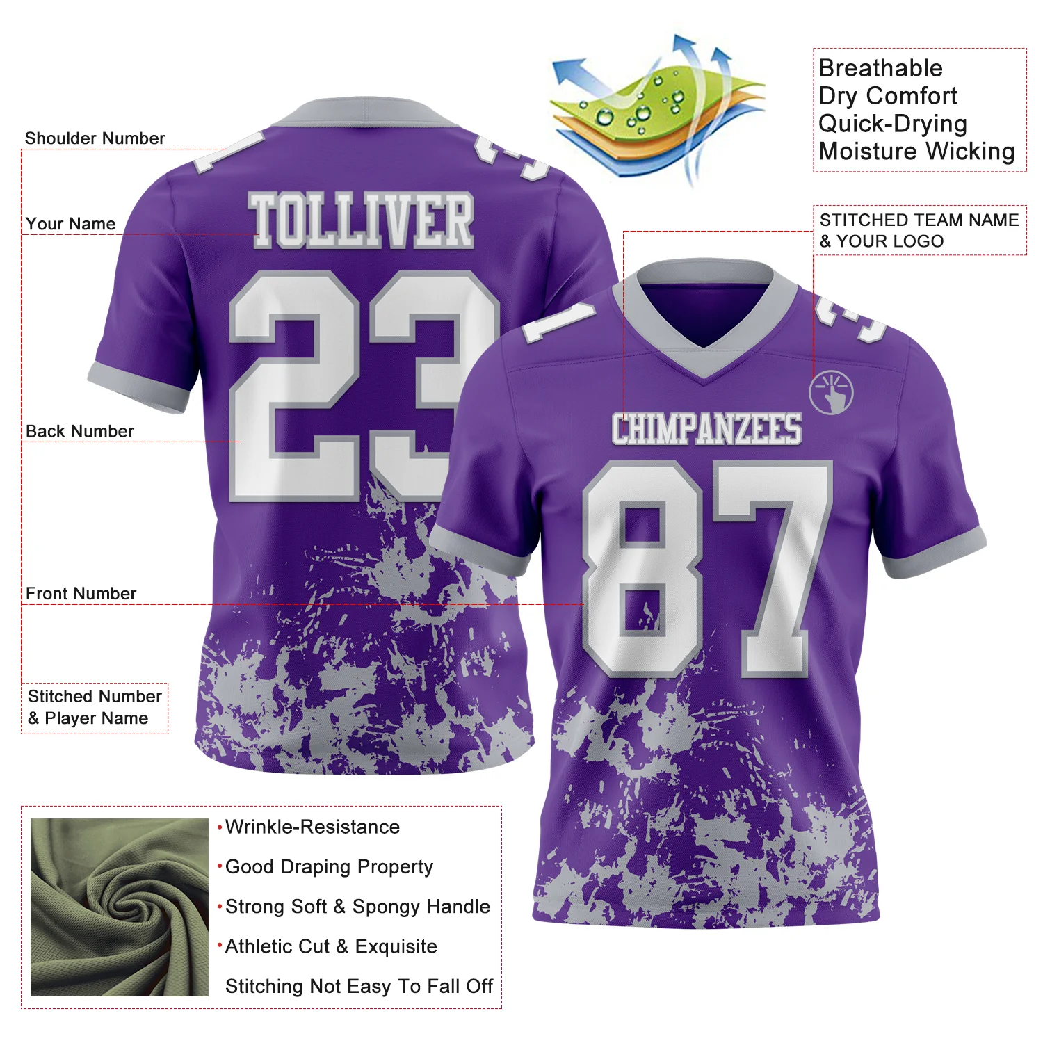 Custom Purple White-Gray 3D Pattern Splash Authentic Football Jersey
