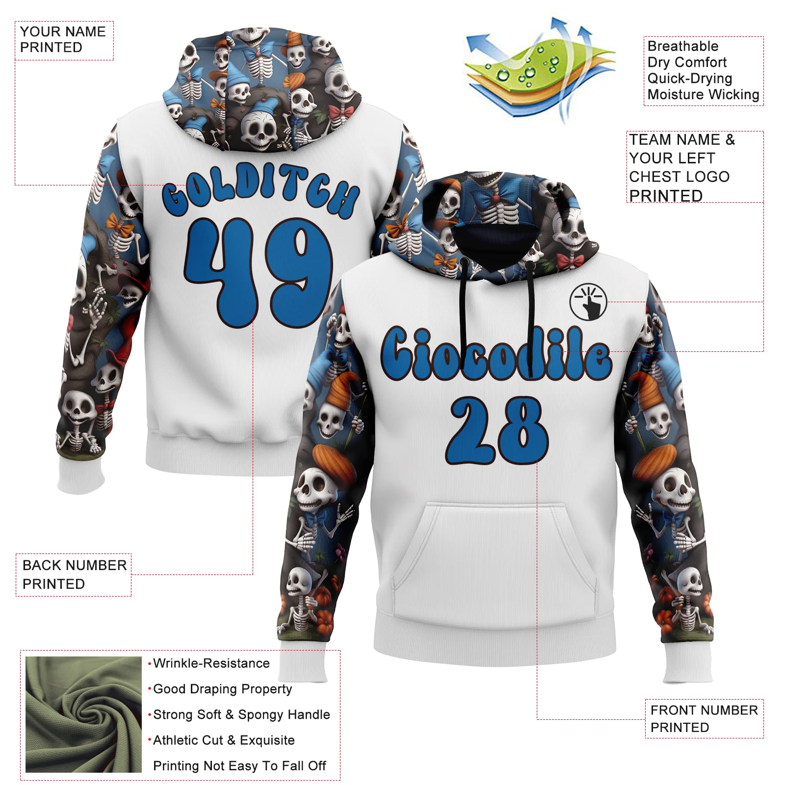 Custom White Blue-Brown 3D Skull Funny Sports Pullover Sweatshirt Hoodie