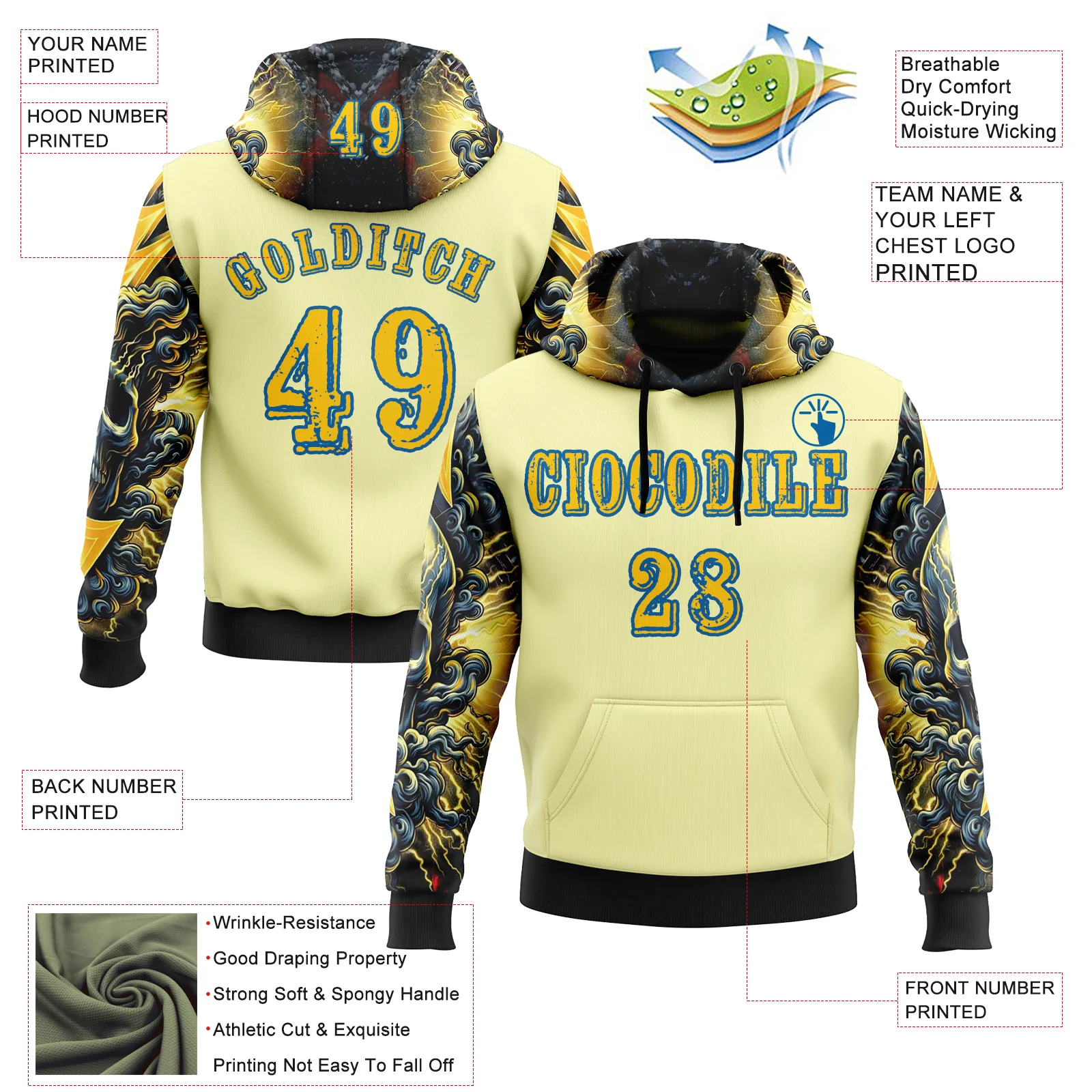 Custom Yellow Blue 3D Skull Psychedelic Sports Pullover Sweatshirt Hoodie