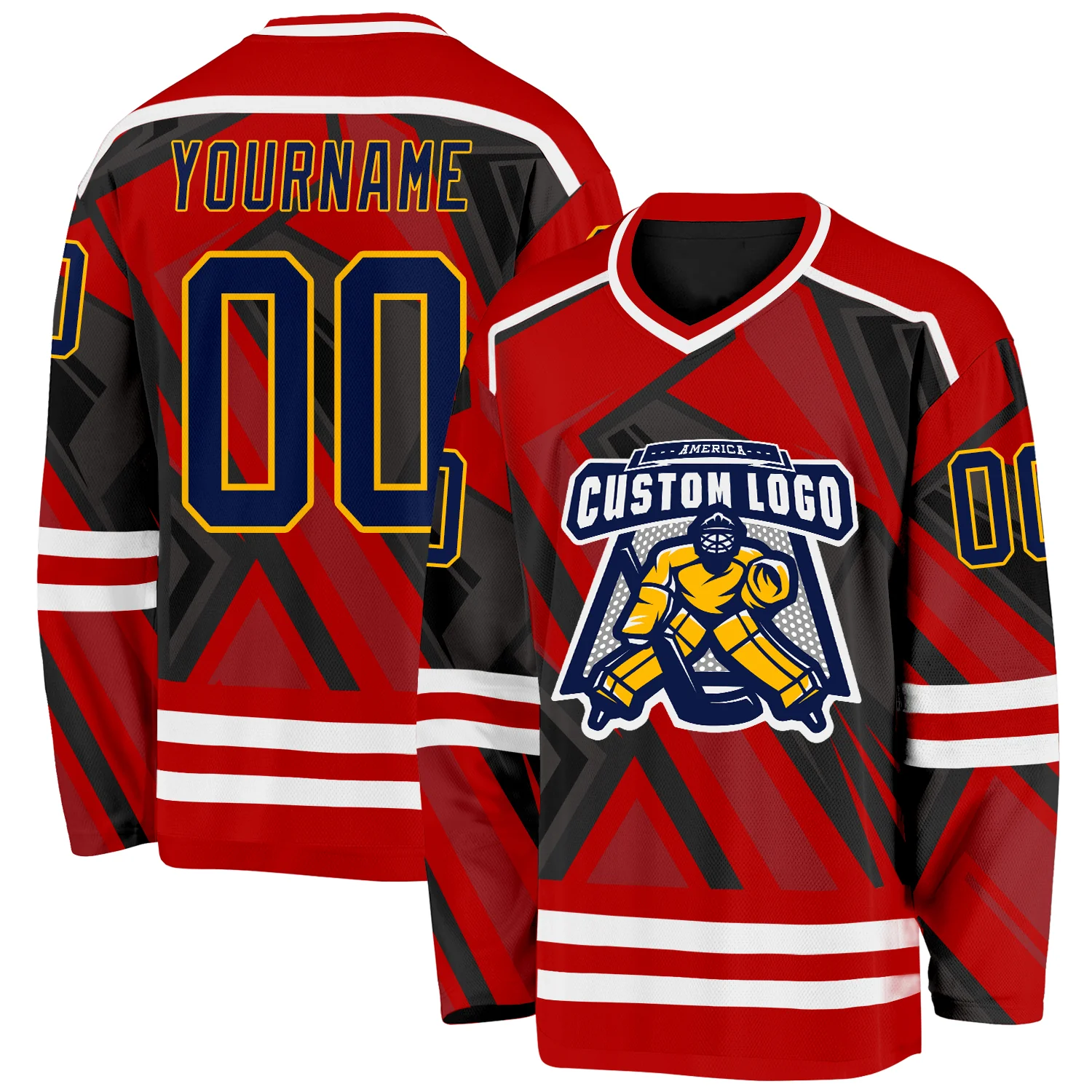 Custom Red Navy Black Gold-White 3D Pattern Cyber Mecha E-sport Hockey Jersey