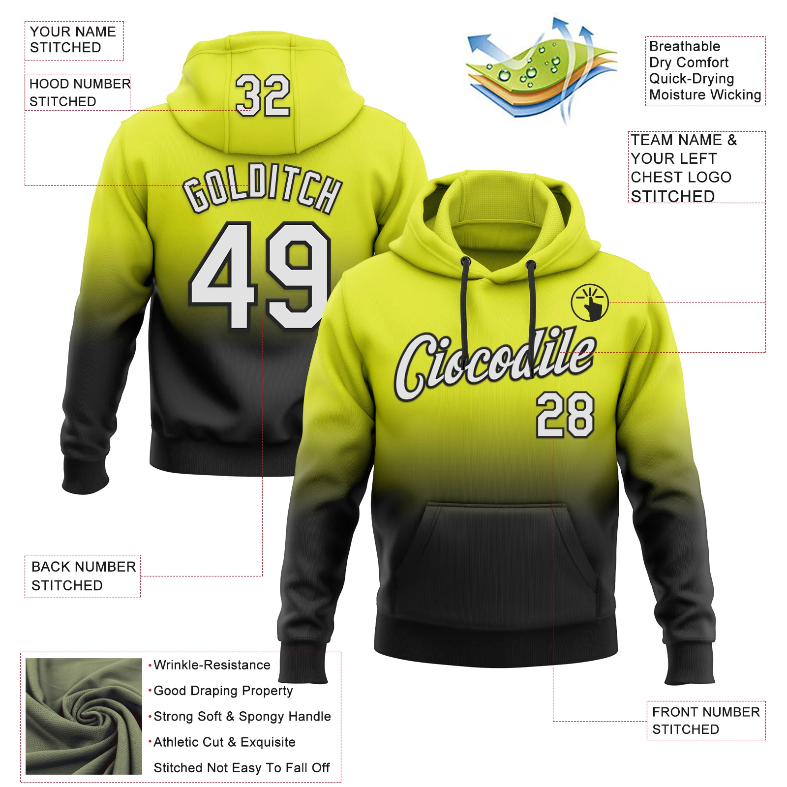 Custom Stitched Neon Yellow White-Black Fade Fashion Sports Pullover Sweatshirt Hoodie