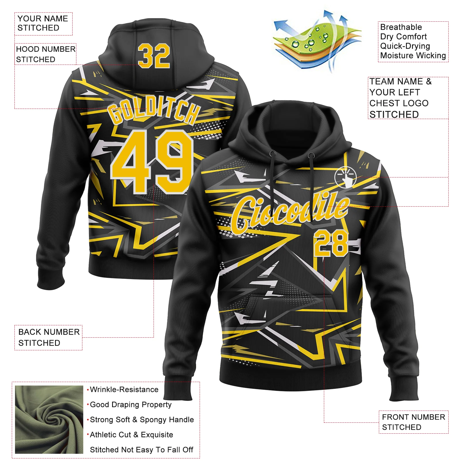 Custom Stitched Black Yellow-White 3D Pattern Design Line Sports Pullover Sweatshirt Hoodie