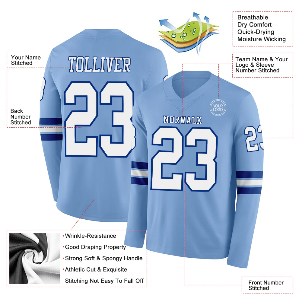 Custom Light Blue White-Royal Long Sleeve Authentic Football Jersey