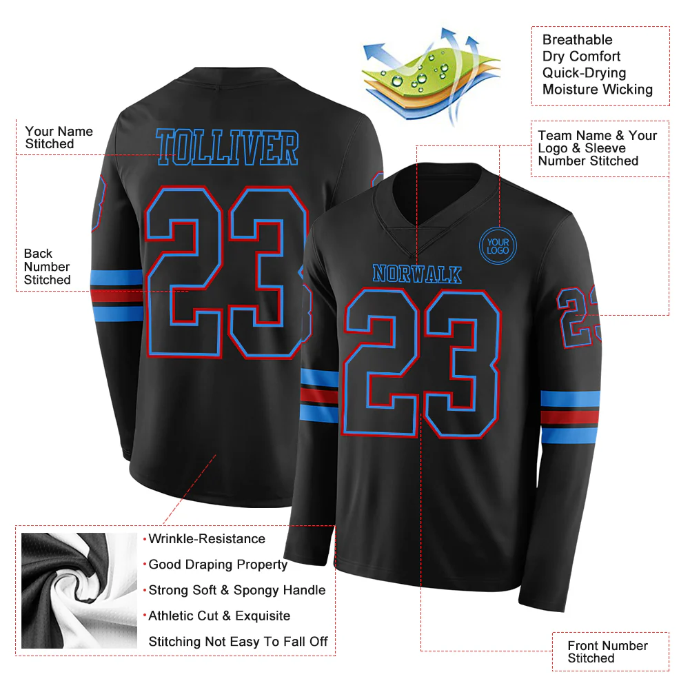Custom Black Powder Blue-Red Long Sleeve Authentic Football Jersey
