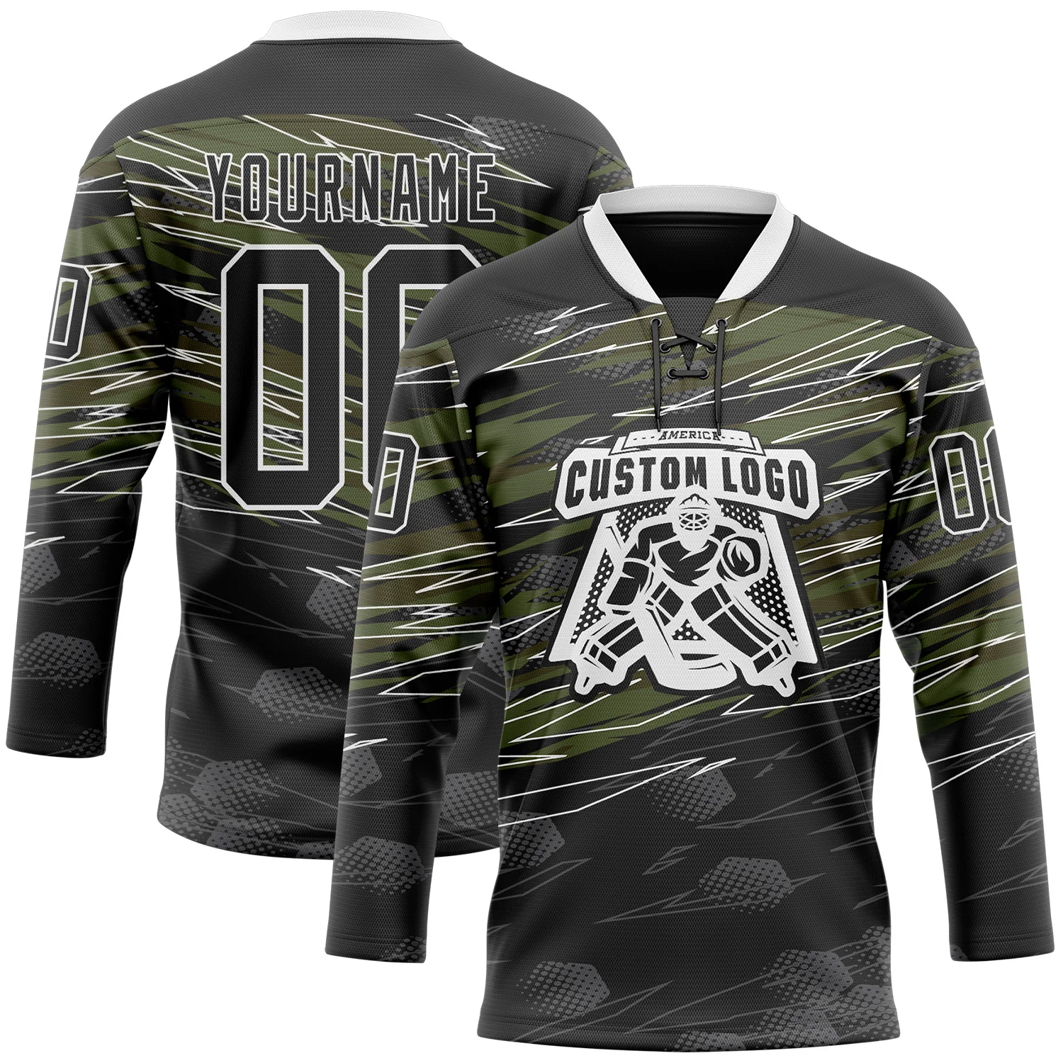 Custom Black Olive-White 3D Pattern Abstract Hockey Lace Neck Jersey