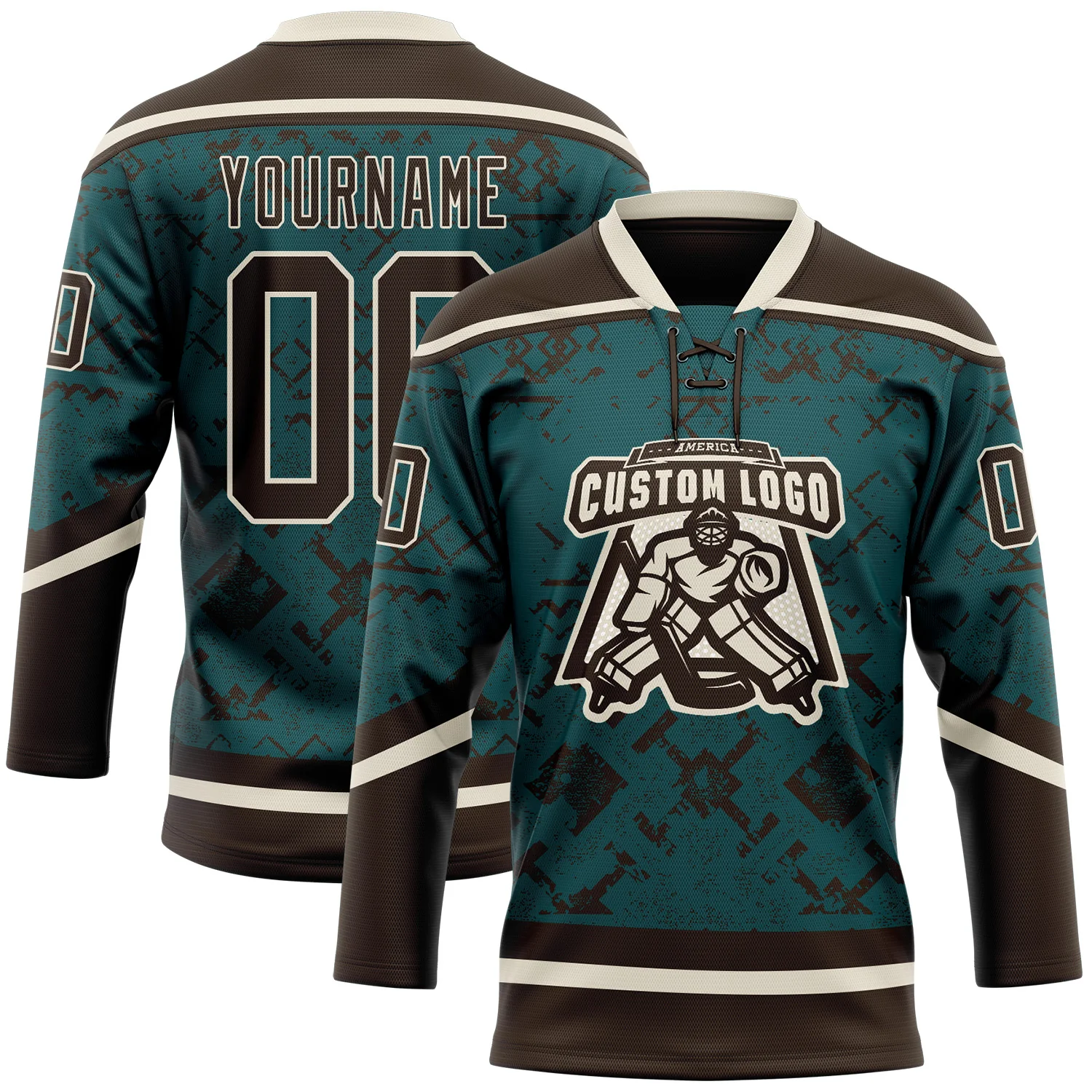 Custom Midnight Green Brown-Cream 3D Pattern Tribal Indigenous Grunge Splash Hockey Lace Neck Jersey