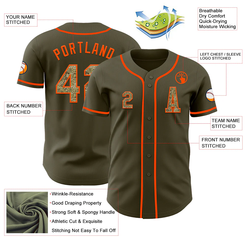 Custom Olive Camo-Orange Authentic Salute To Service Baseball Jersey