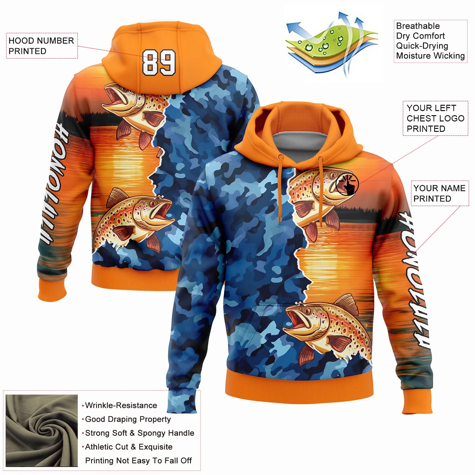 Custom Bay Orange Camo-Black 3D Trout Fish Fishing Sports Pullover Sweatshirt Hoodie