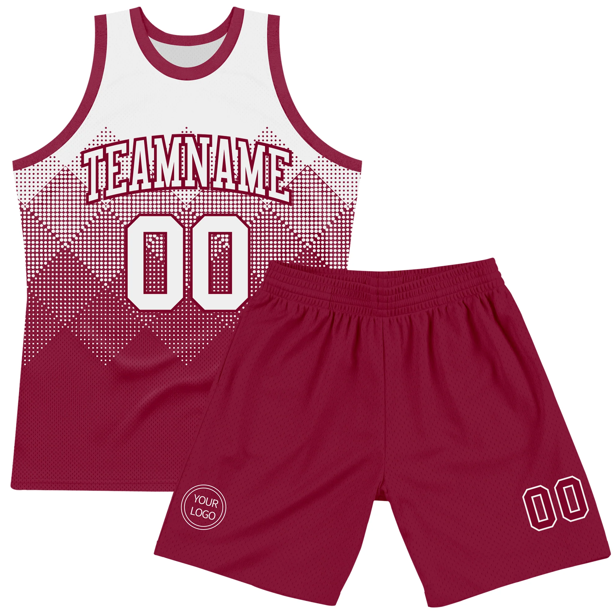 Custom White Maroon Gradient Square Shapes Round Neck Sublimation Basketball Suit Jersey