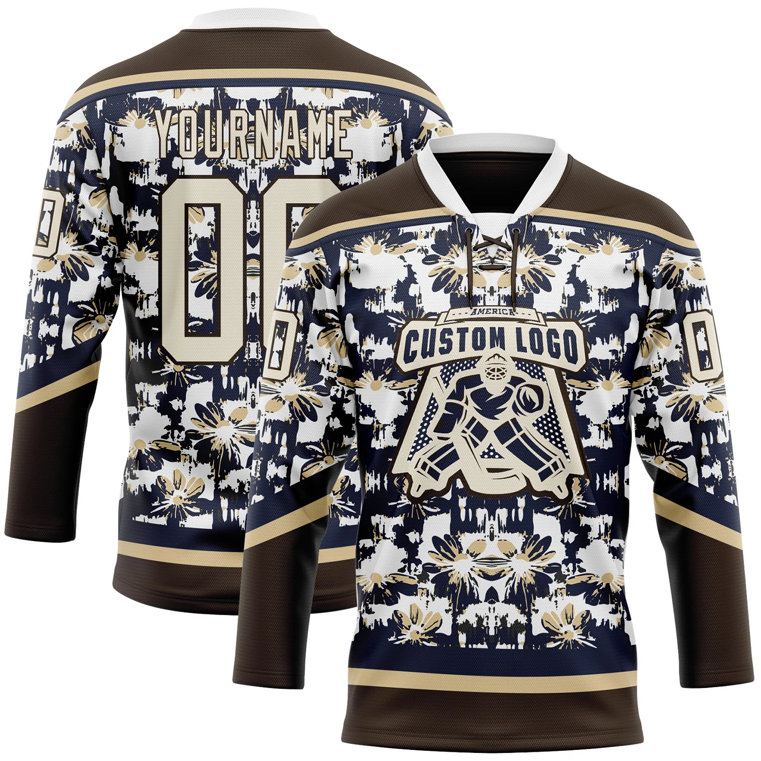 Custom Navy Cream Brown-Vegas Gold 3D Pattern Tribal Indigenous Grunge Floral Splash Hockey Lace Neck Jersey