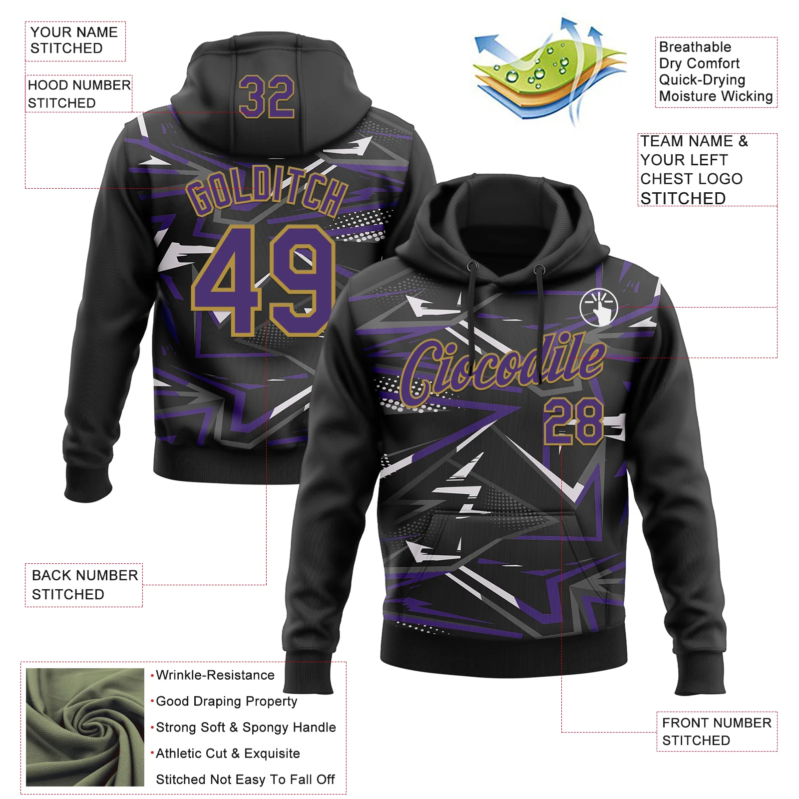 Custom Stitched Black Purple Old Gold-White 3D Pattern Design Line Sports Pullover Sweatshirt Hoodie