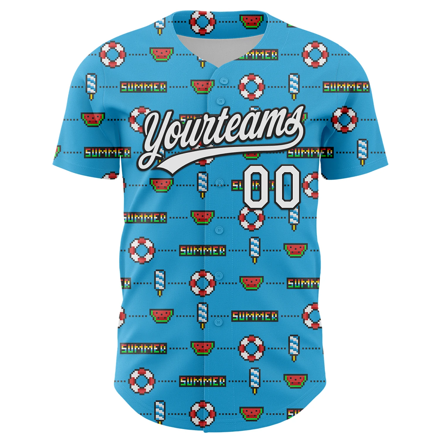 Custom Sky Blue White-Black 3D Hawaii Summer Fruit Watermelon Authentic Baseball Jersey