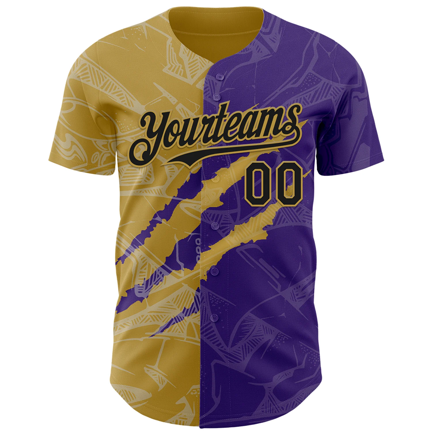 Custom Graffiti Pattern Black Purple-Old Gold 3D Scratch Authentic Baseball Jersey