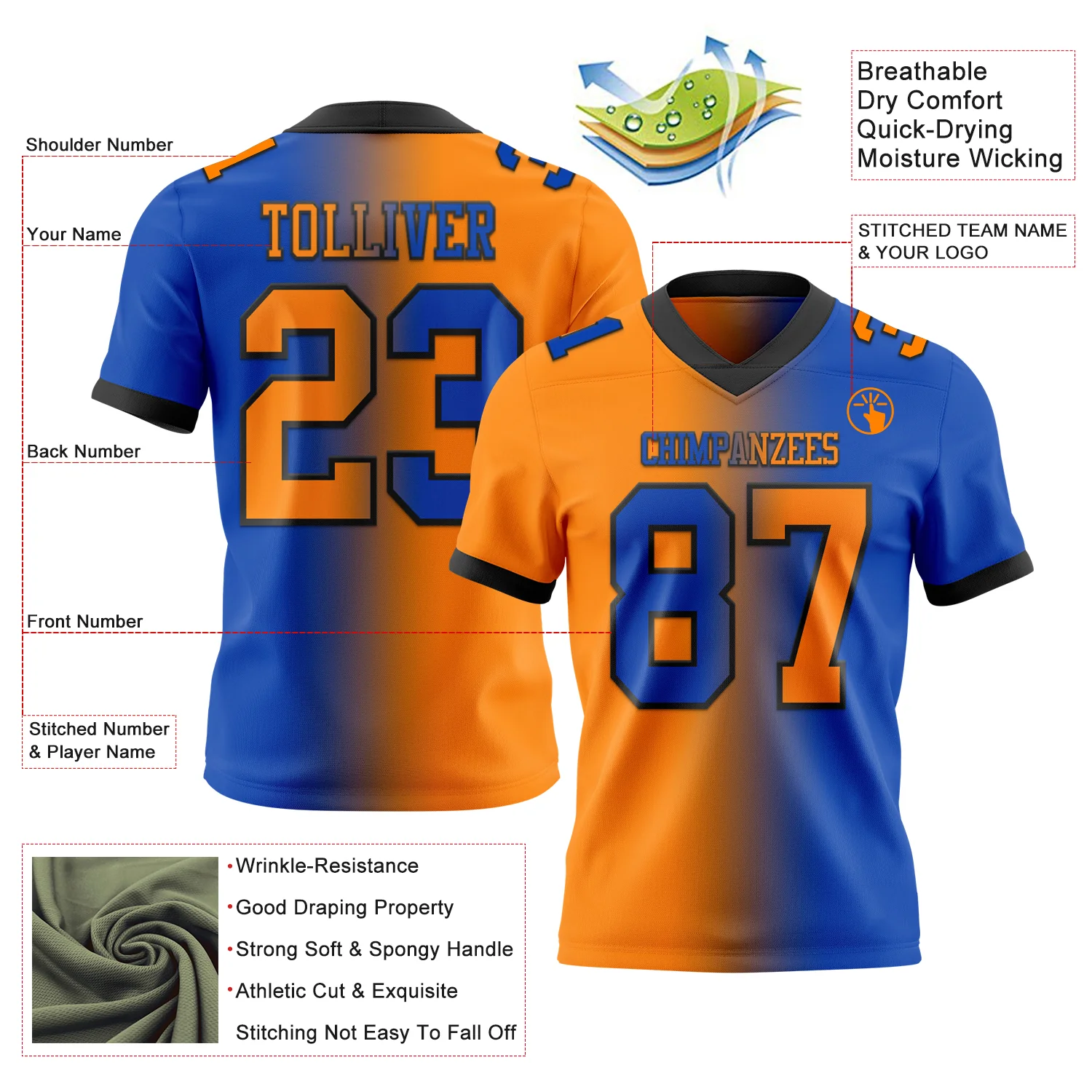 Custom Thunder Blue Bay Orange-Black Authentic Gradient Fashion Football Jersey
