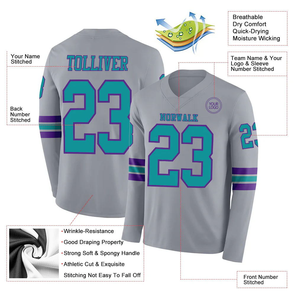 Custom Gray Teal-Purple Long Sleeve Authentic Football Jersey