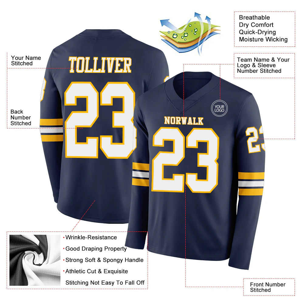 Custom Navy White-Gold Long Sleeve Authentic Football Jersey