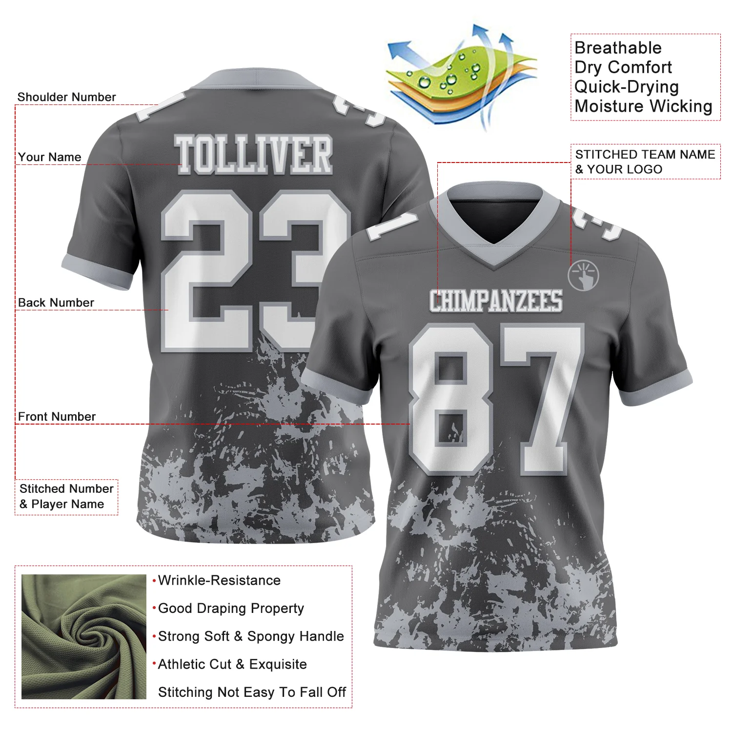 Custom Steel Gray White-Gray 3D Pattern Splash Authentic Football Jersey