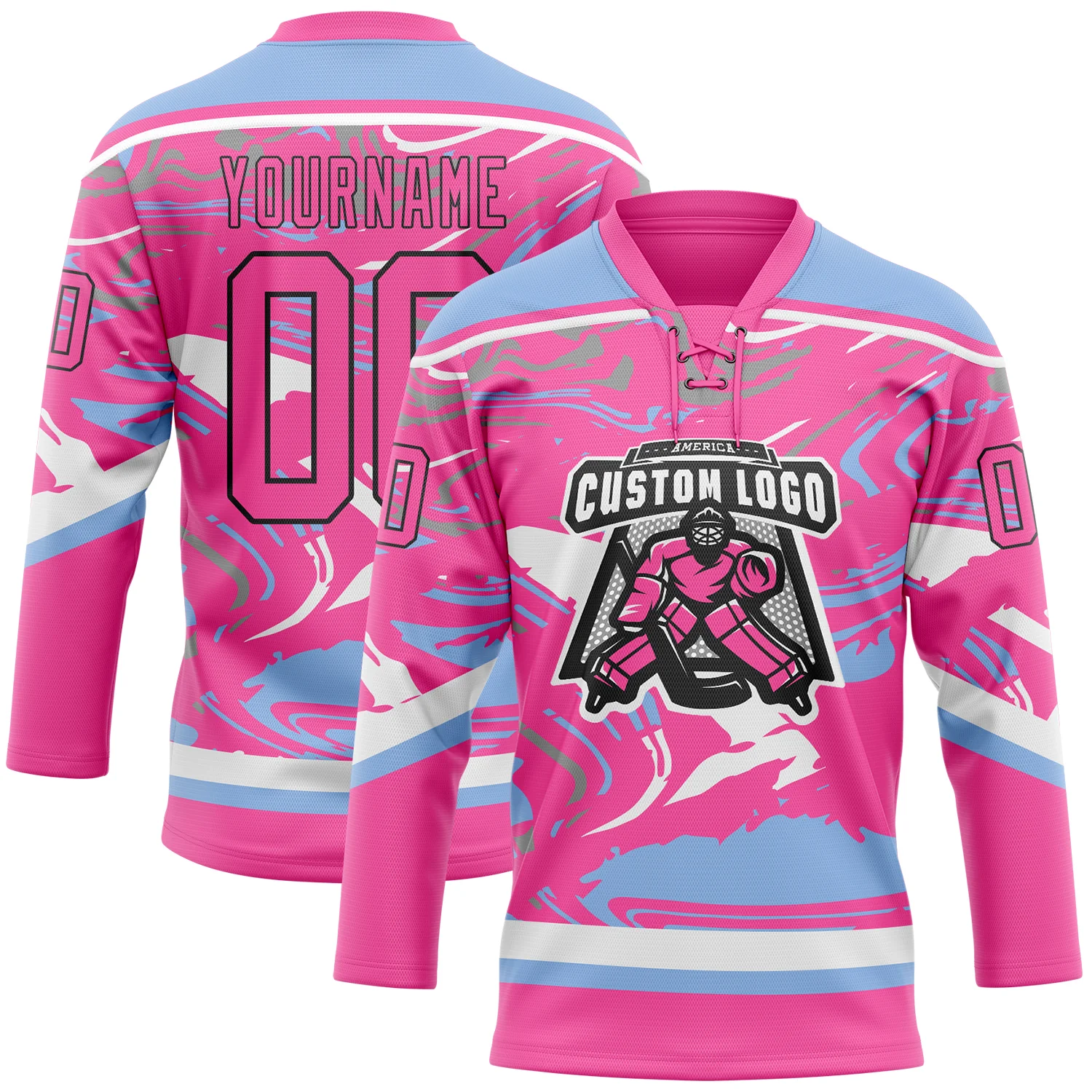 Custom Figure Pink Light Blue Black-White 3D Pattern Fluid Art Hockey Lace Neck Jersey
