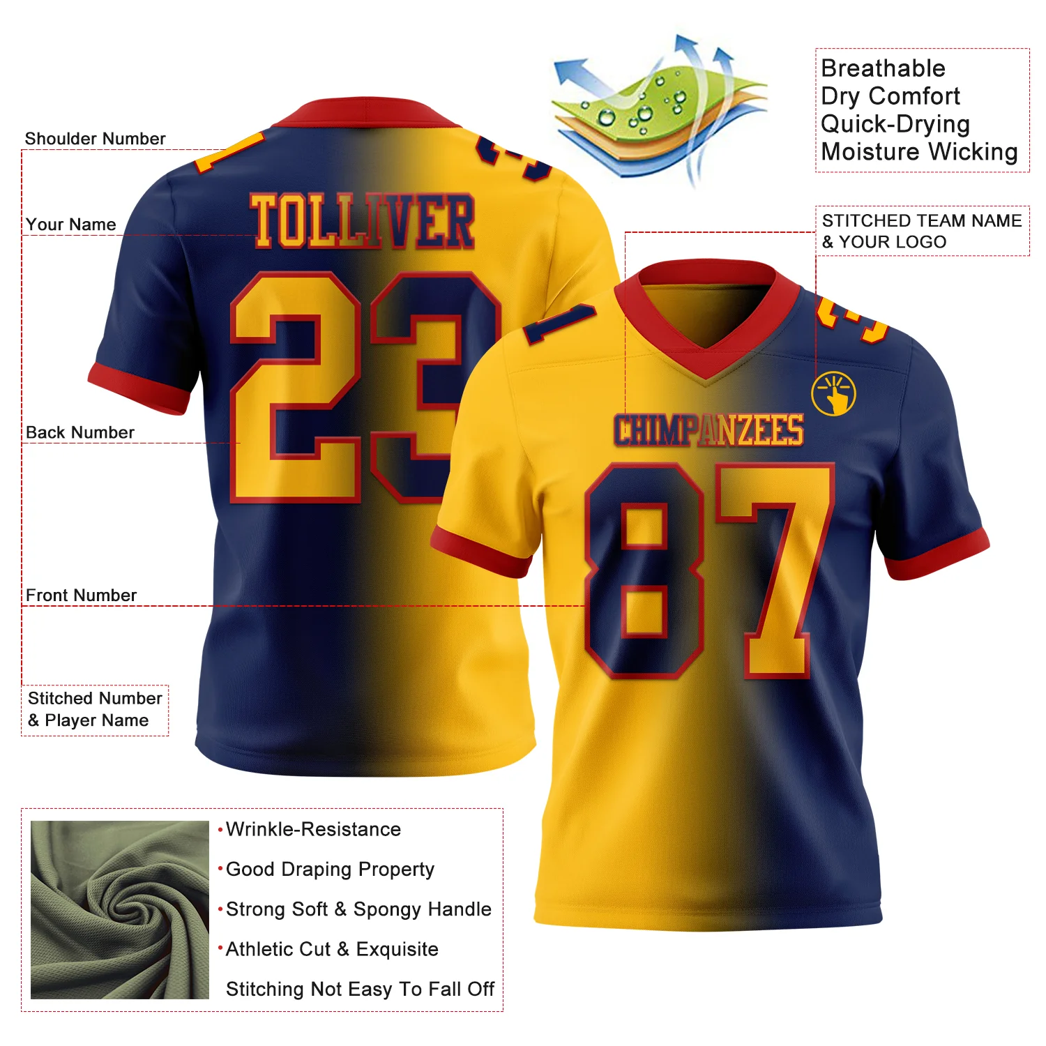 Custom Navy Gold-Red Authentic Gradient Fashion Football Jersey