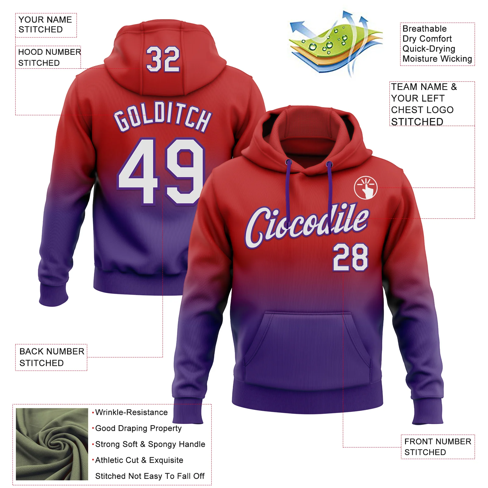 Custom Stitched Red White-Purple Fade Fashion Sports Pullover Sweatshirt Hoodie